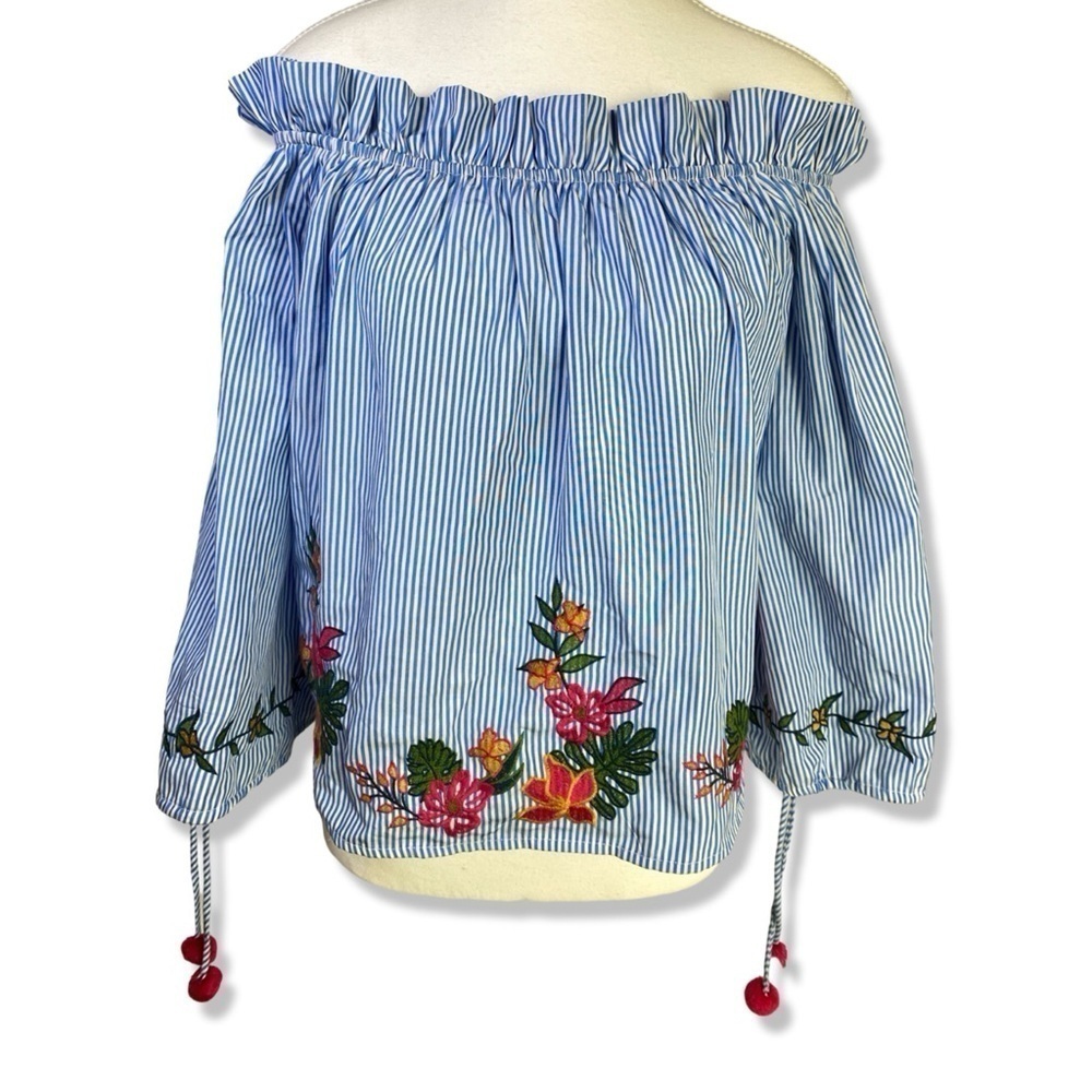 ⭐️LUSH Off Shoulder Striped Floral Pom Pom Tie Casual Shirt